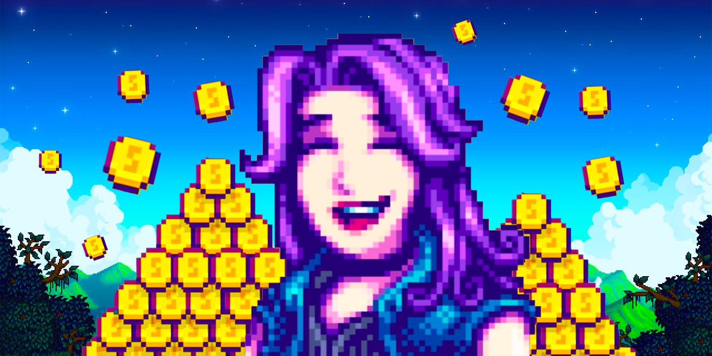 Abigail from Stardew Valley with a pile of gold coins behind her.
