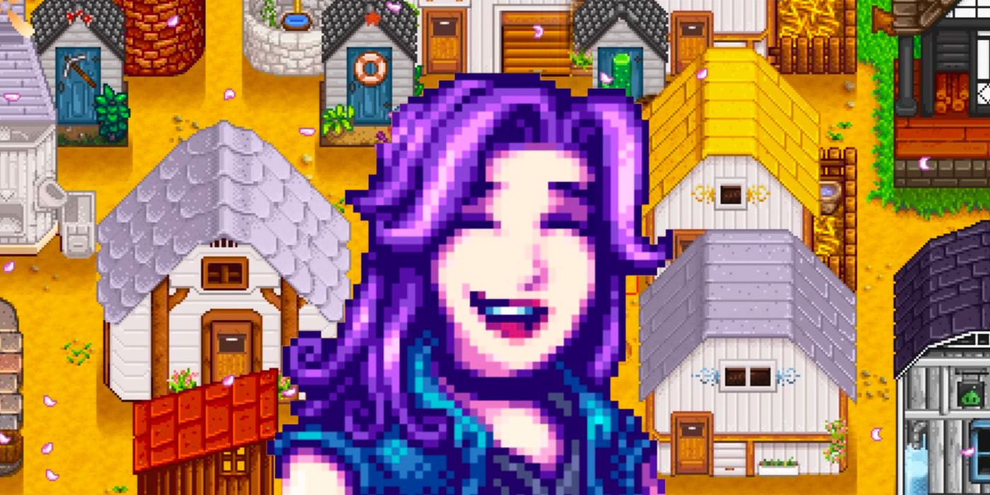Stardew Valley buildings with a happy looking villager