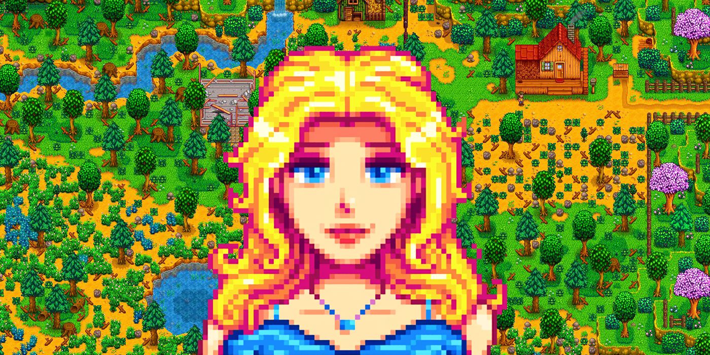 Haley's Stardew Valley portrait on top of a background showing the Meadowlands Farm.