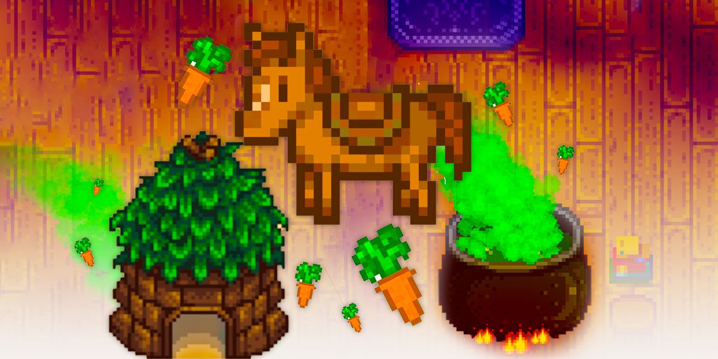 Stardew Valley horse and a carrot, some raisins, and cauldron in Stardew Valley