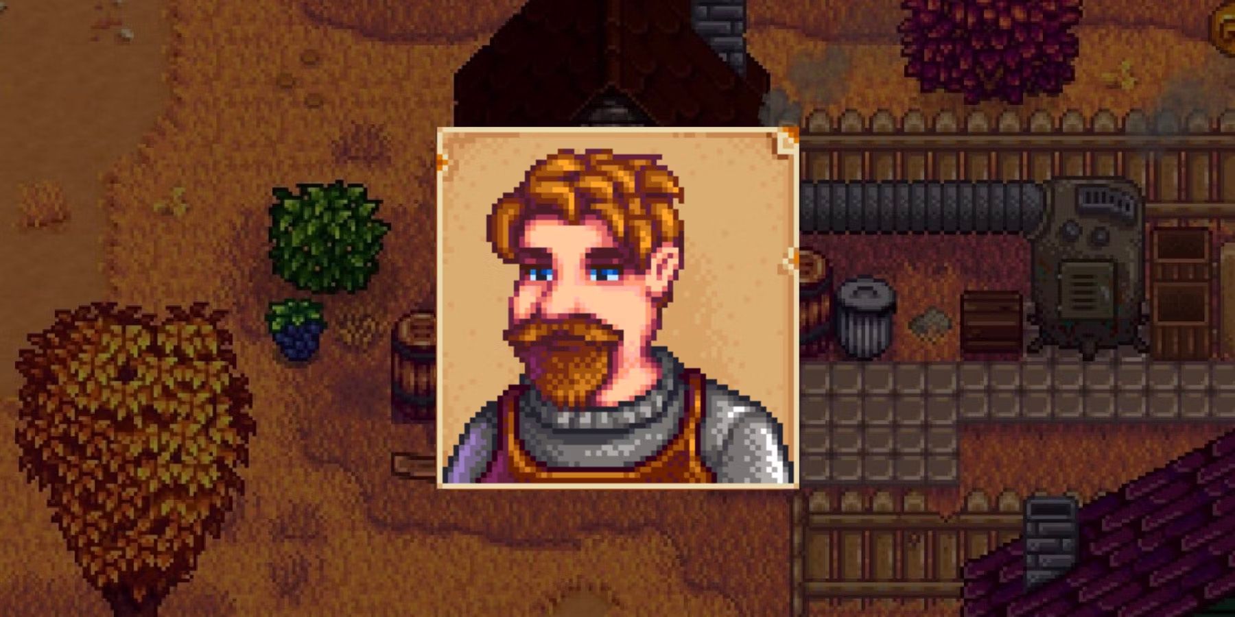 Um retrato de Clint, o Ferreiro em Stardew Valley, sobre uma área gramada com um prédio