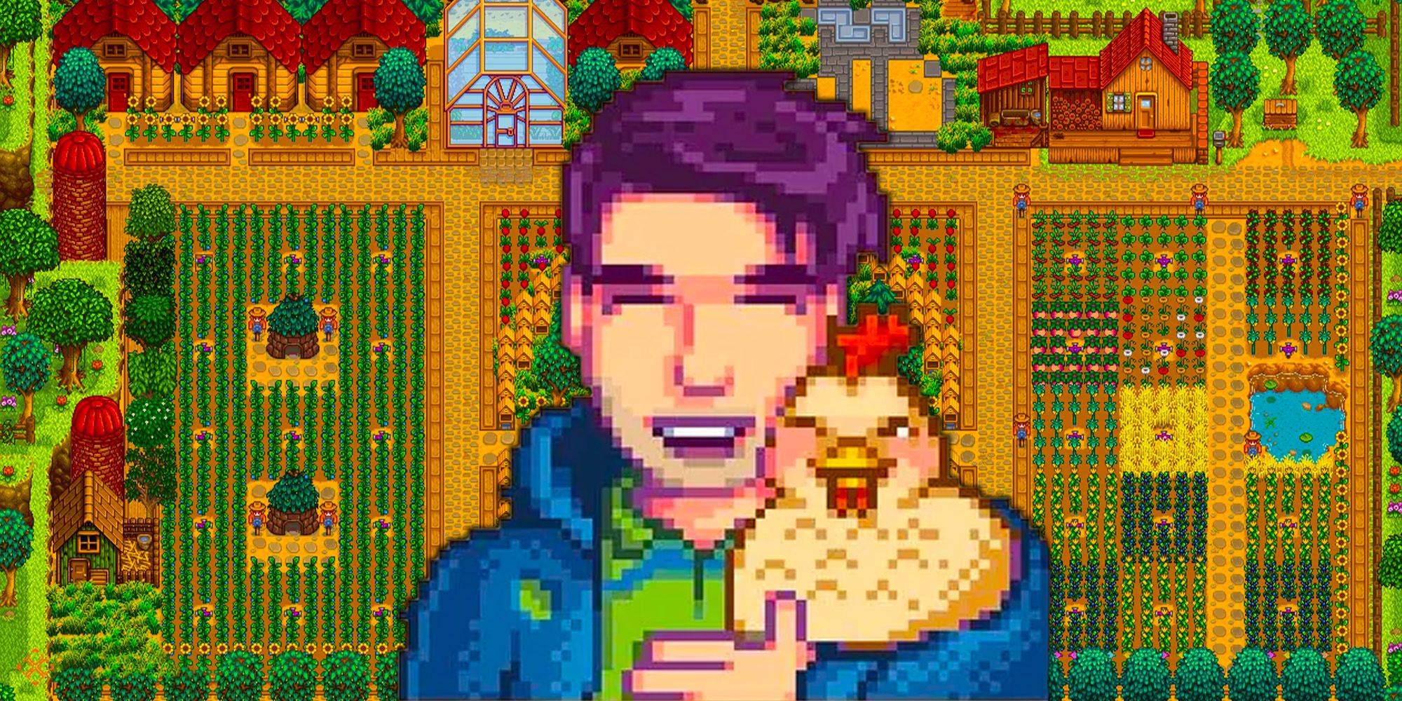 Shane hugs a chicken on a backdrop of a large farm in Stardew Valley.
