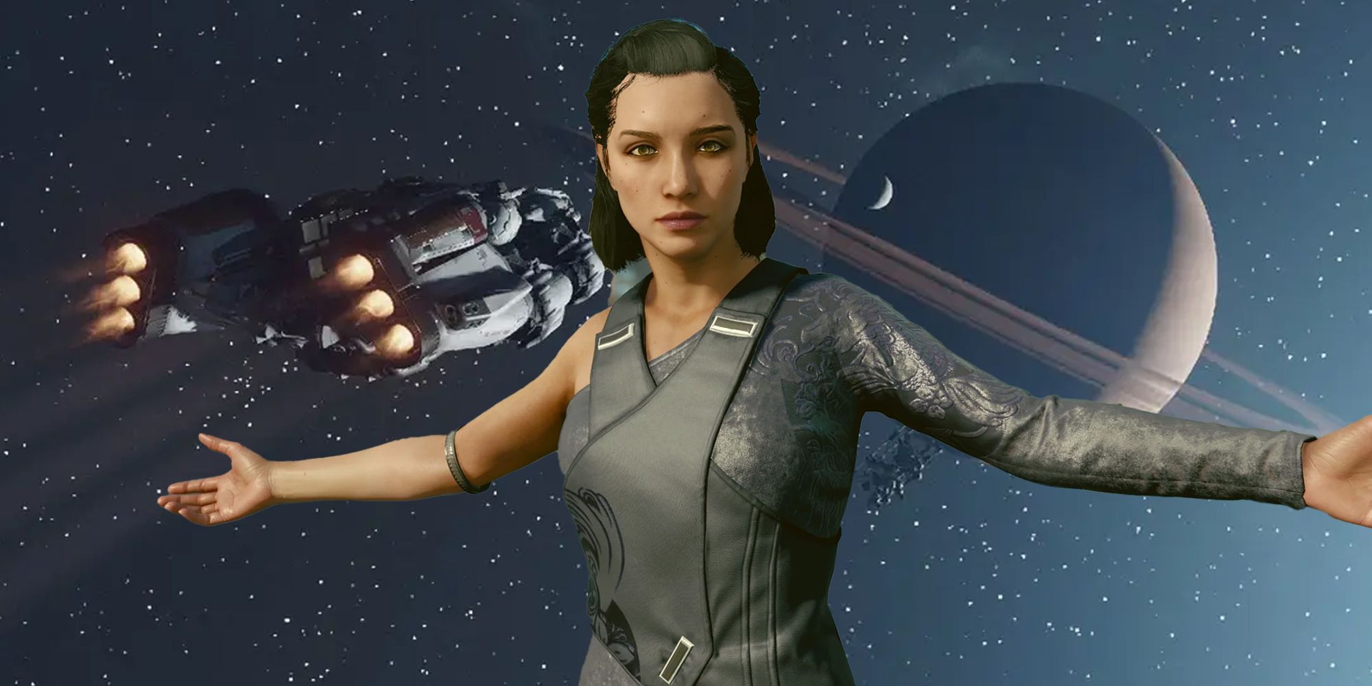 Andreja com os braços abertos enquanto uma nave espacial voa para um planeta atrás dela