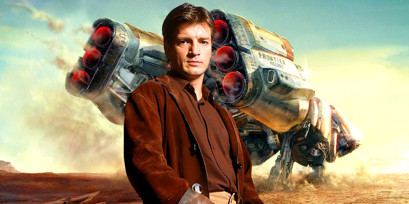Nathan Fillion as Captain Mal in Firefly in front of Starfield artwork of the Frontier.