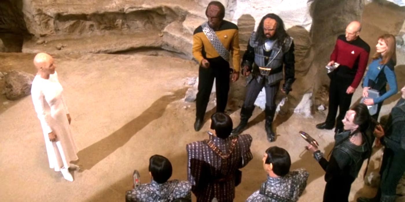 Starfleet Klingons and Romulans meet an Ancient Humanoid in Star Trek TNG