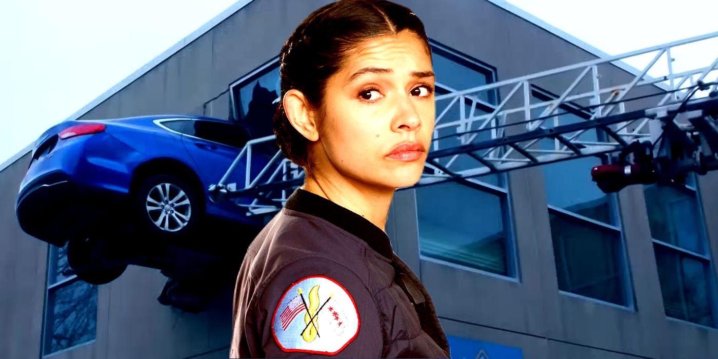 Stella Kidd from Chicago Fire in Front of a Car Run Through a Building