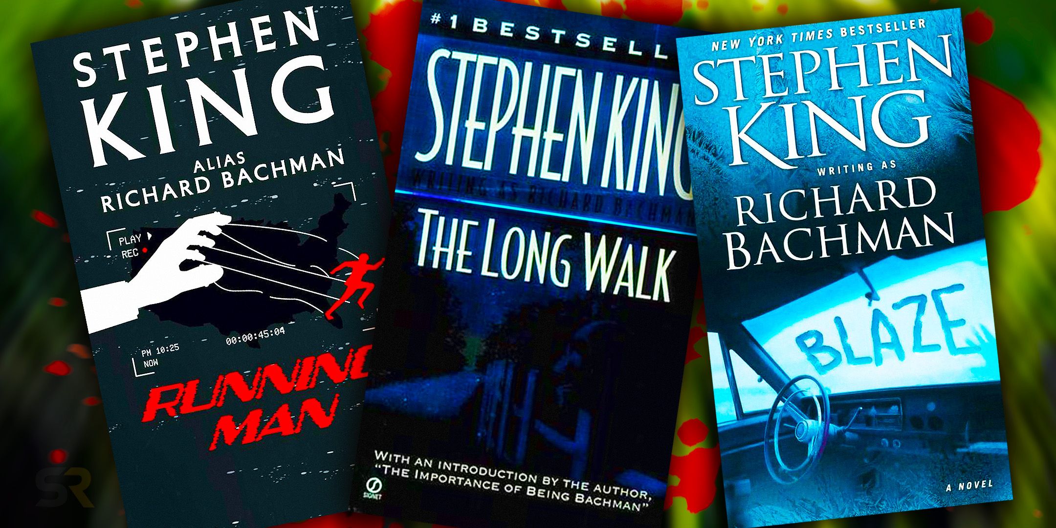Collage of book covers for Stephen King's Running Man, The Long Walk, and Blaze