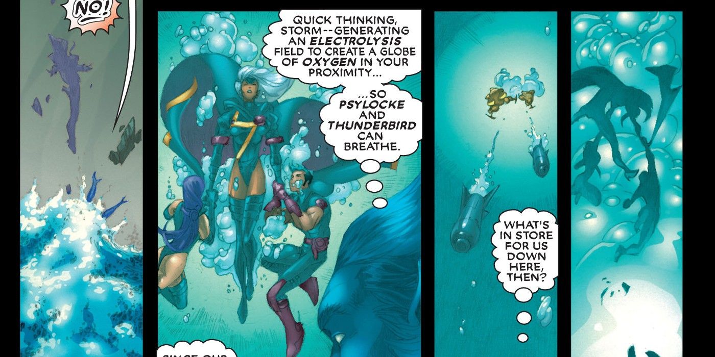 storm in Marvel comics breathing underwater with psylocke and thunderbird