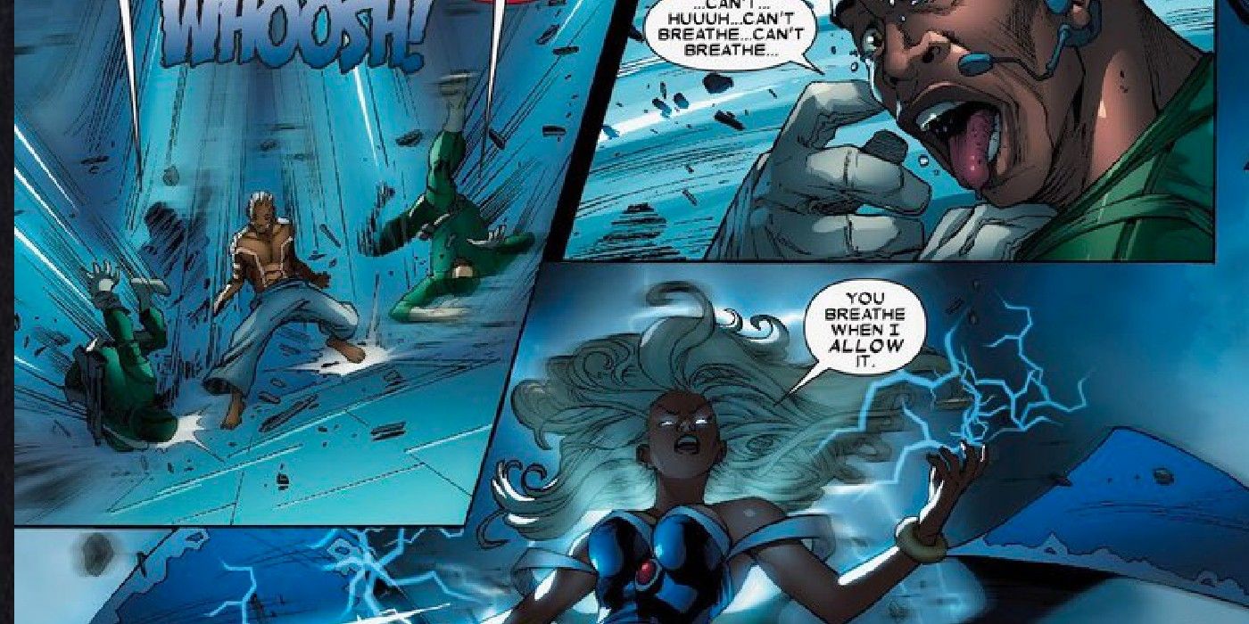 storm in Marvel comics controlling air inside wankanda soldiers lungs