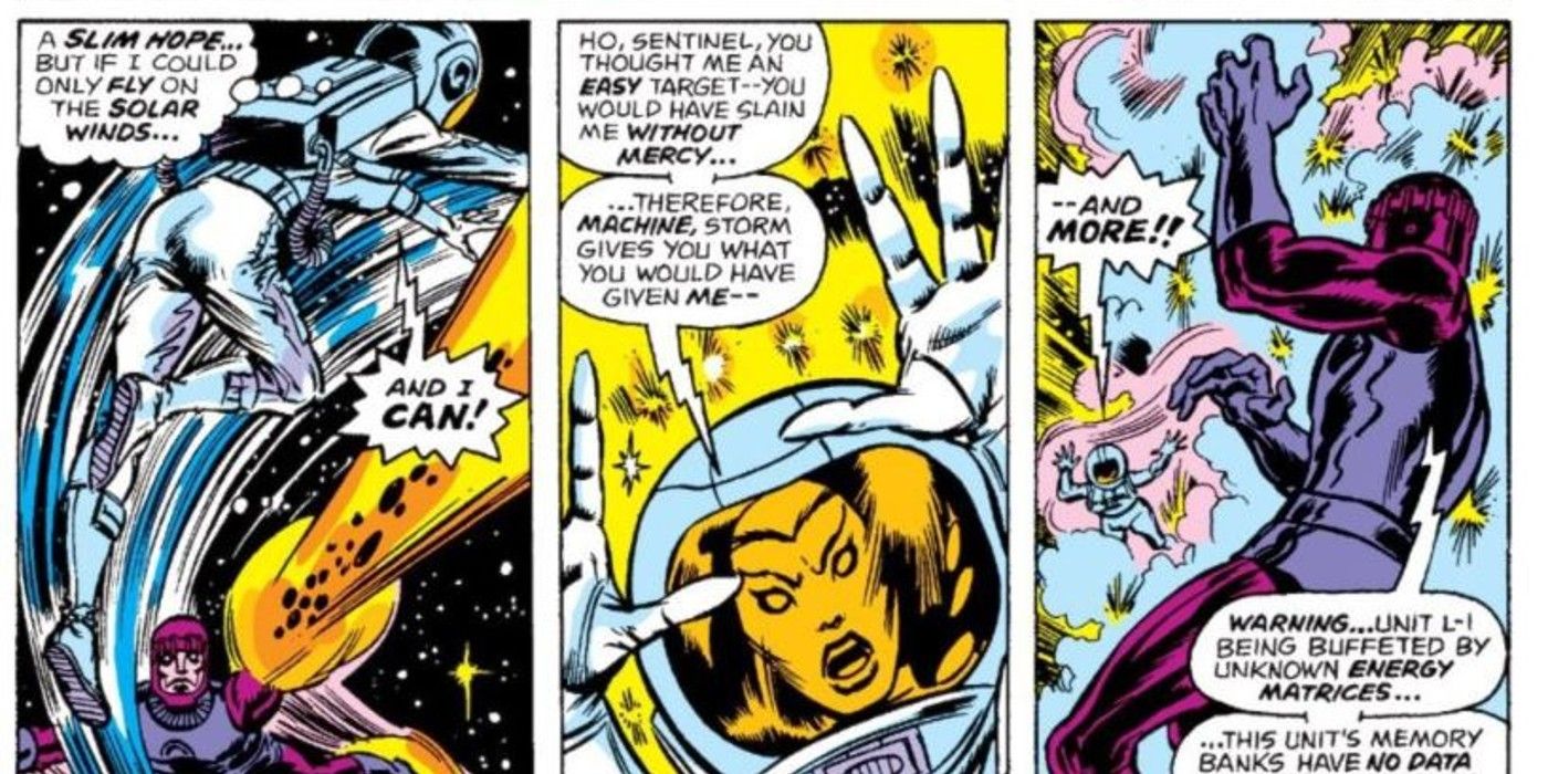 storm in Marvel comics fighting a sentinel in space