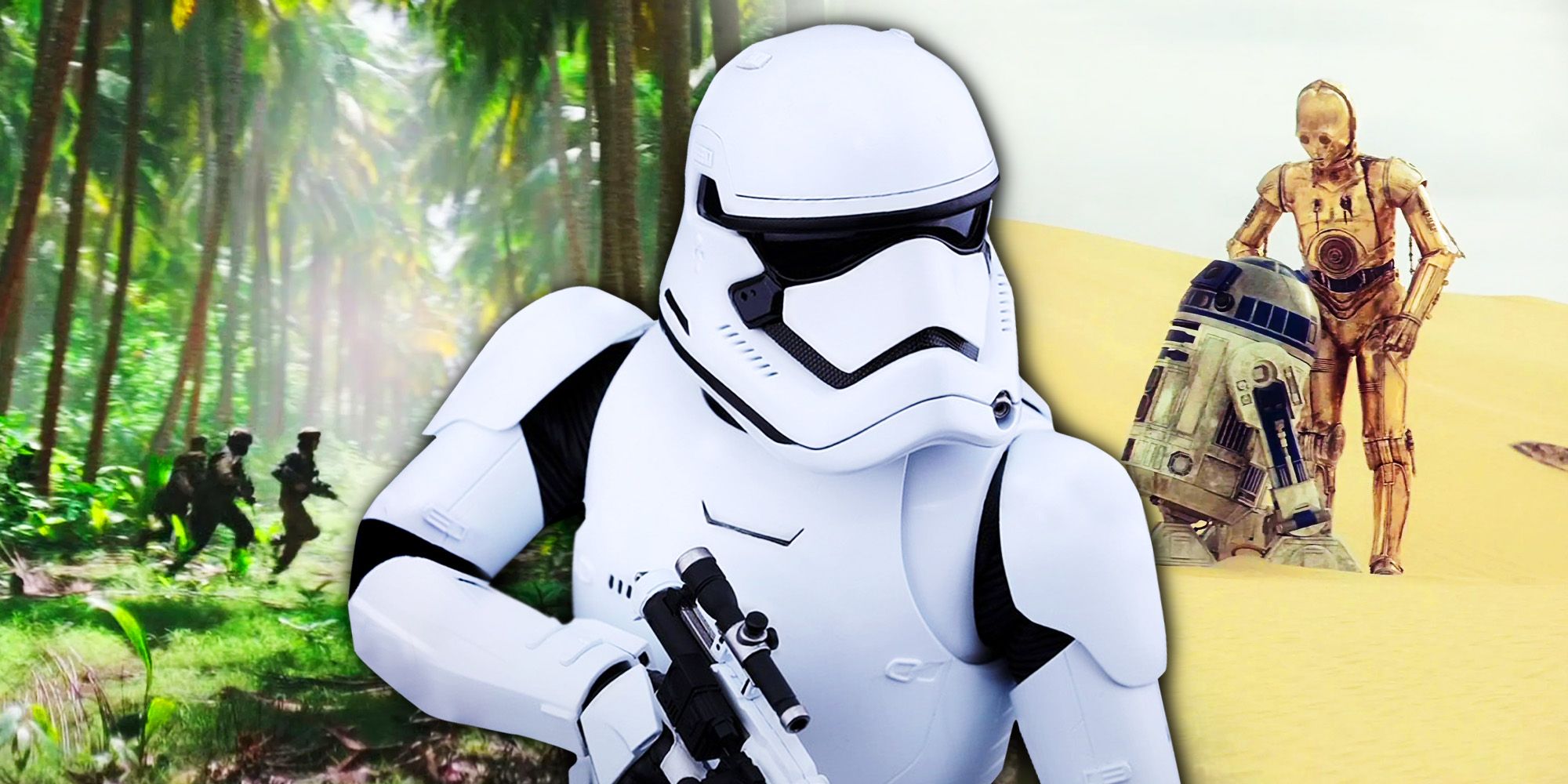 Stormtrooper on an image of Tatooine from A New Hope and an image of Scarif from Rogue One