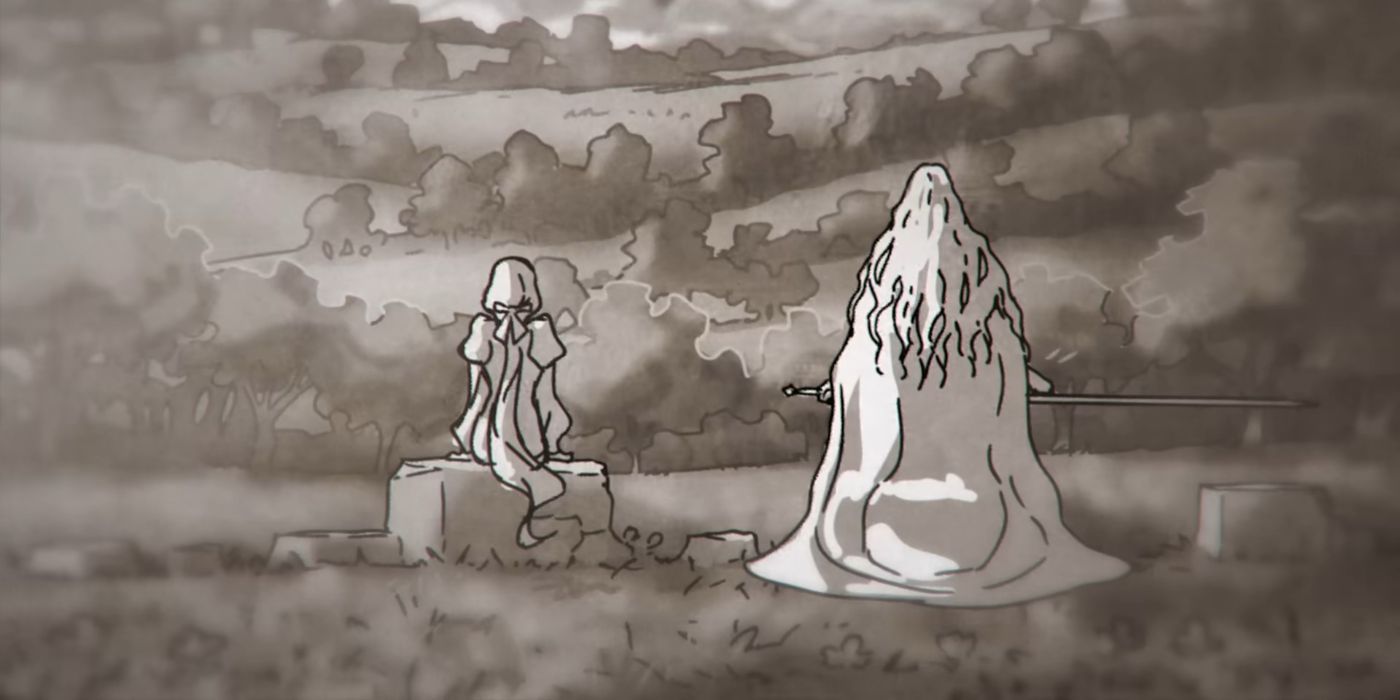Storyboard de dois personagens em um campo olhando para uma floresta na 2ª temporada de Castlevania Nocturne.