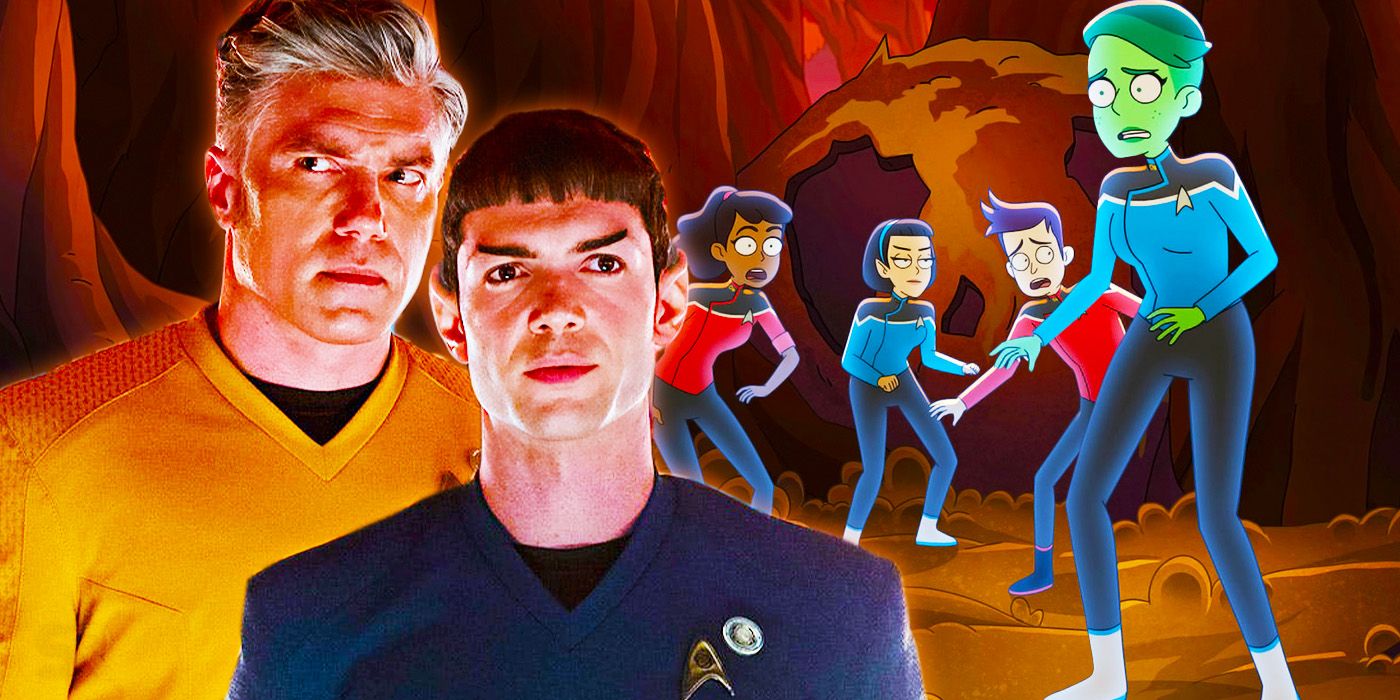 Captain Pike and Spock looking serious in Strange New Worlds and the cast of Star Trek: Lower Decks looking panicked.