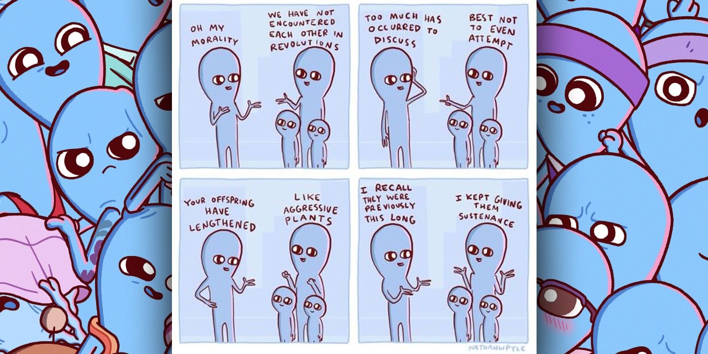 strange planet comic about meeting old friends and making small talk