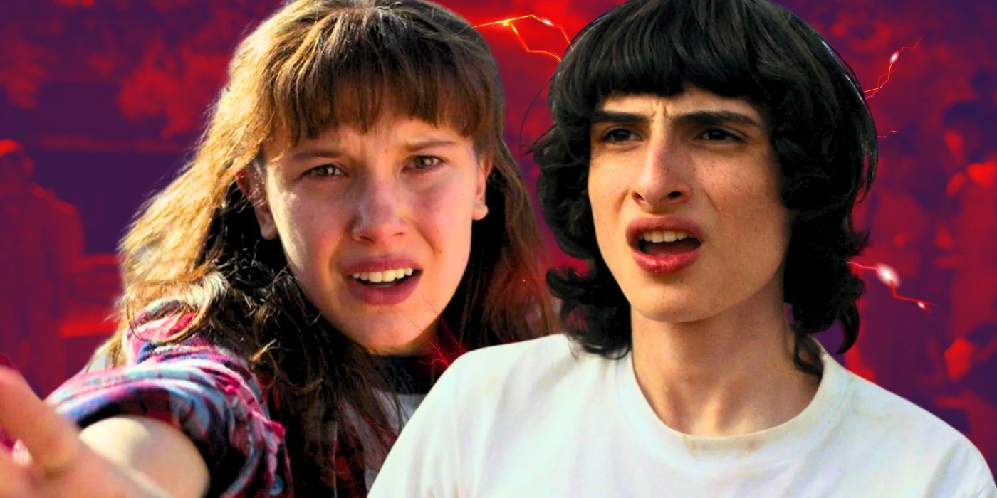 Stranger Things Millie Bobby Brown as Eleven reaching her hand out next to Finn Wolfhard as Mike looking confused