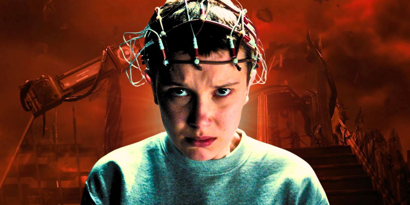 Millie Bobby Brown as Eleven hooked up to a machine on her head in Stranger Things