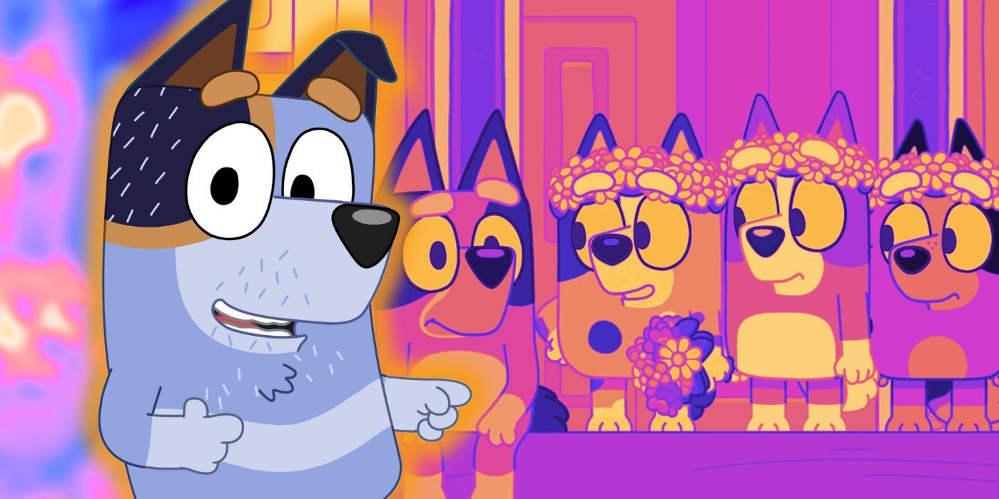 Stripe from Bluey with Bluey, Mufffin, Bingo and Stripe behind him from The Sign episode of Bluey