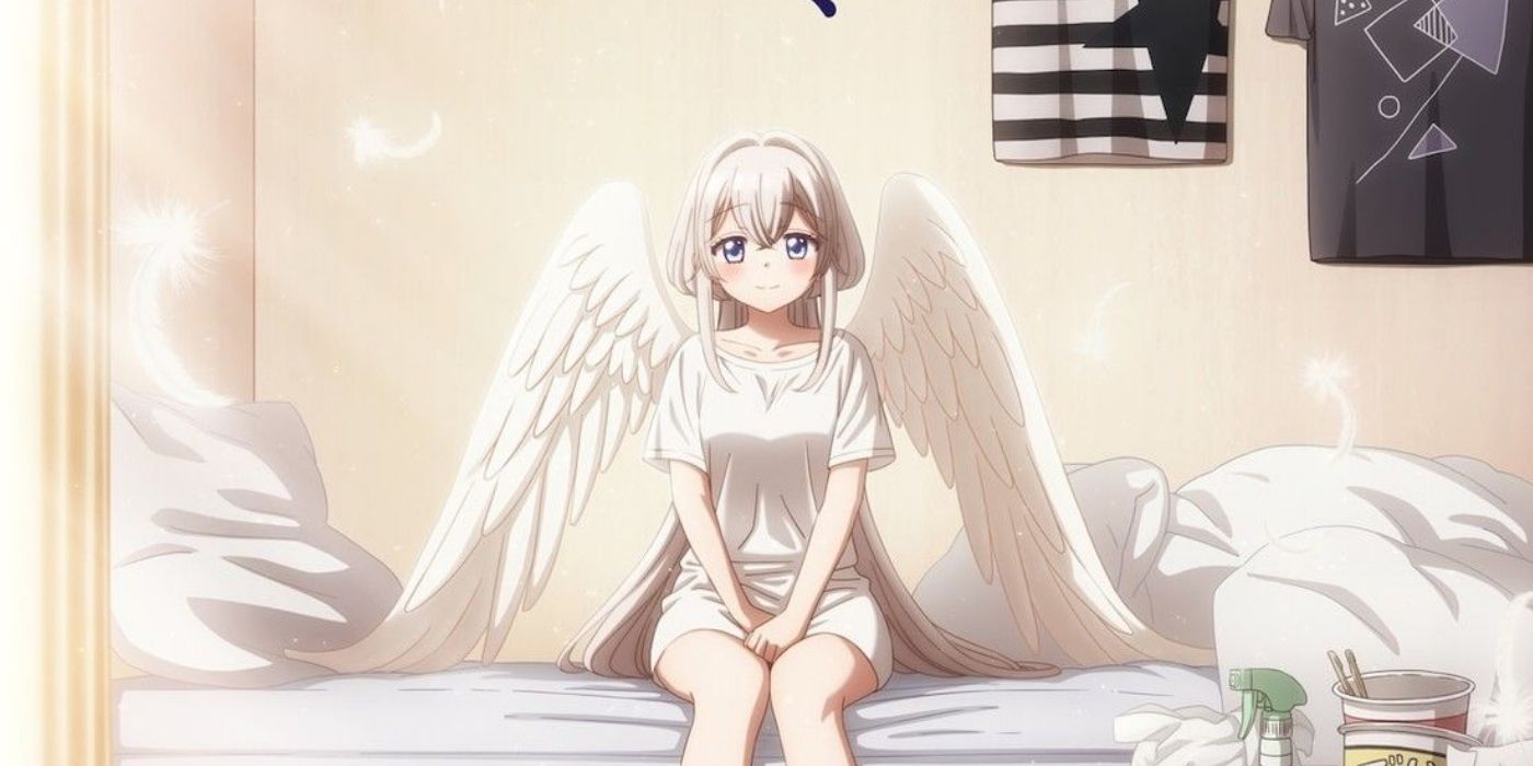 Studio Apartment, Good Lighting, Angel Included anime key visual depicting a young girl with angel wings sitting on a bed.