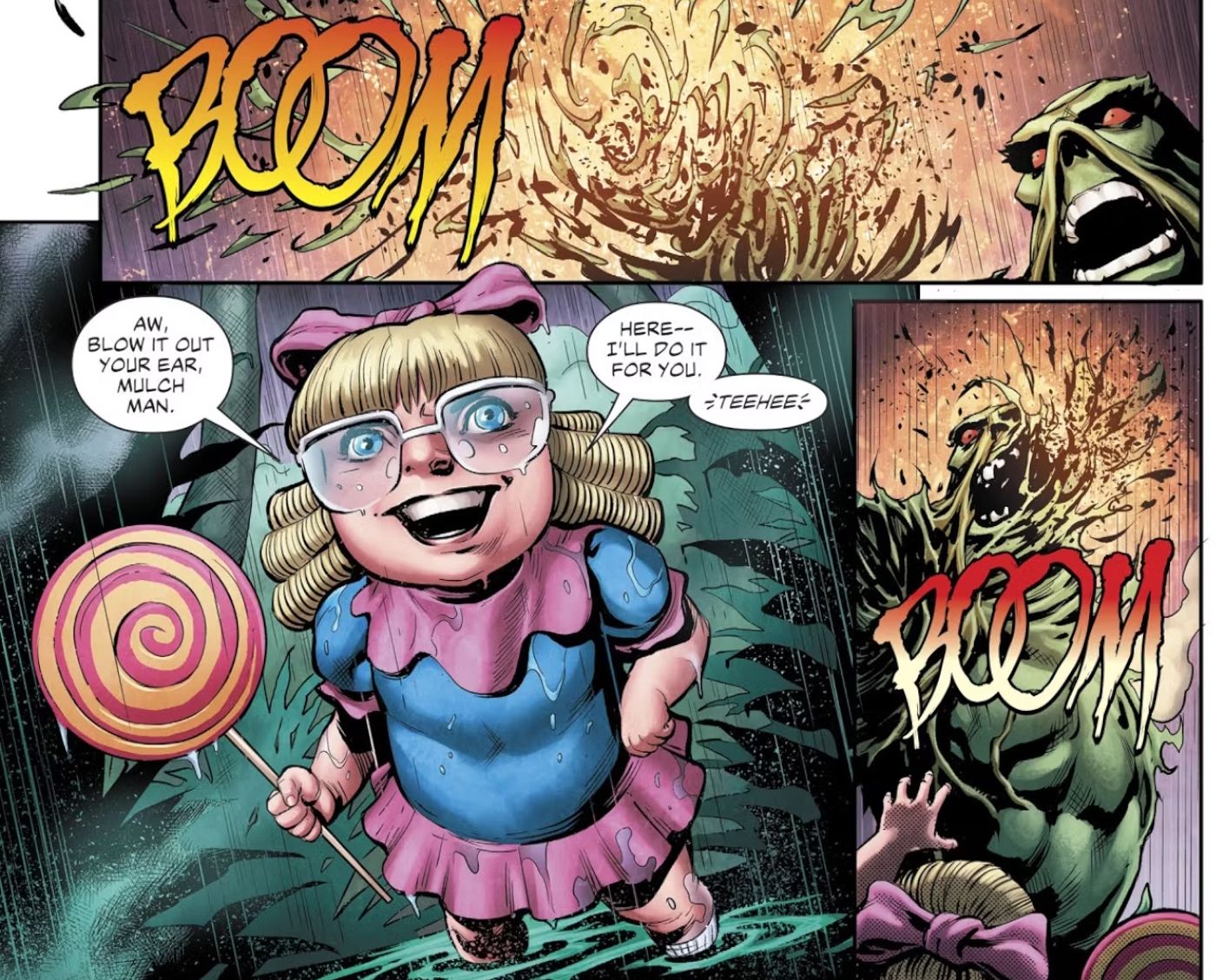 suicide squad member Baby Boom blows up swamp thing