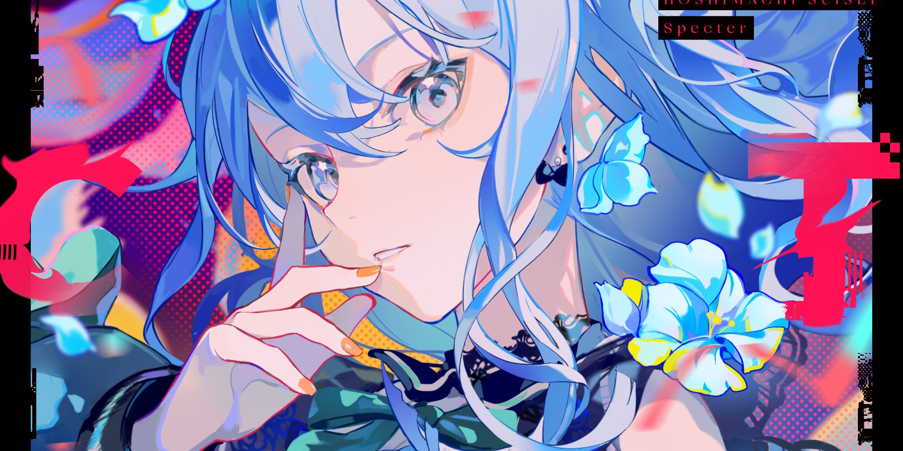 Imagem retirada do álbum de Suisei, "Espectro"retratando-a cercada por flores azuis enquanto ela leva a mão ao rosto e olha para a tela.