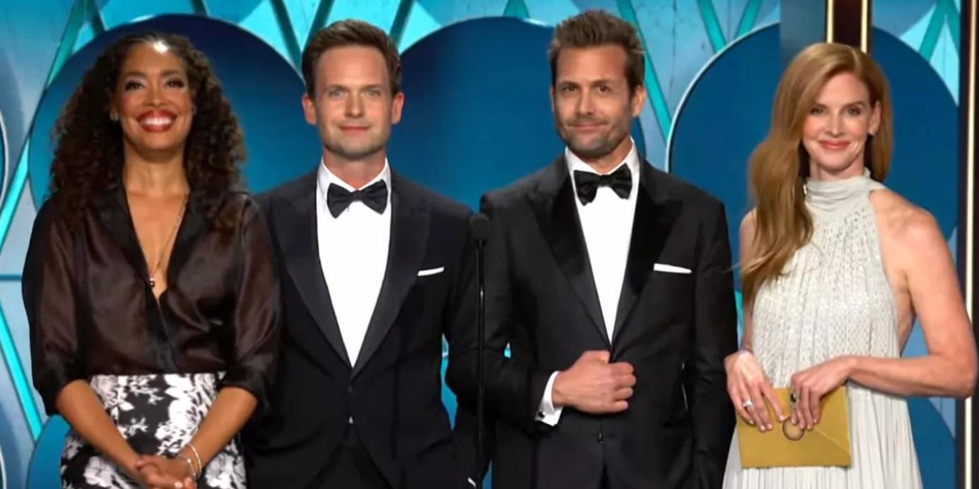 The cast of Suits presenting an award at the 2024 Golden Globes - image from CBS