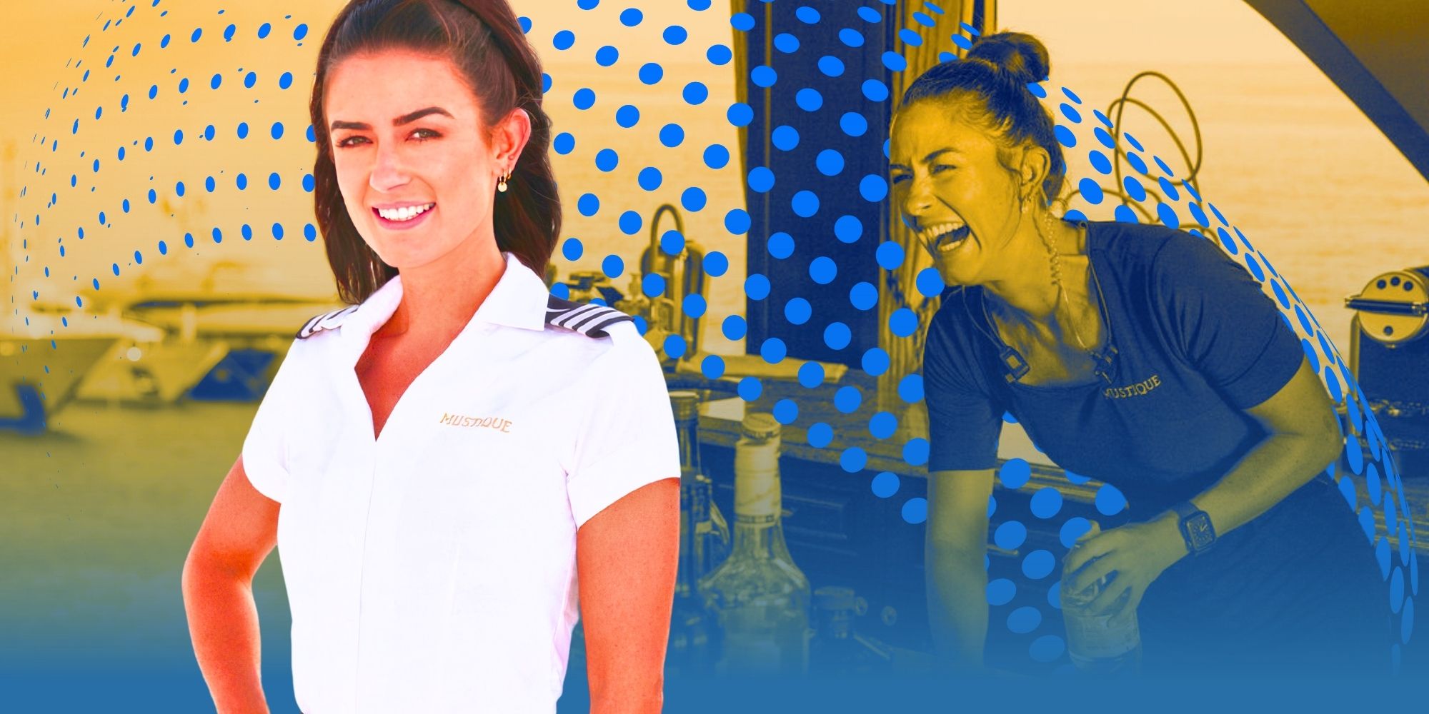  Aesha with a Below Deck Med wearing a white uniform and laughing in the background