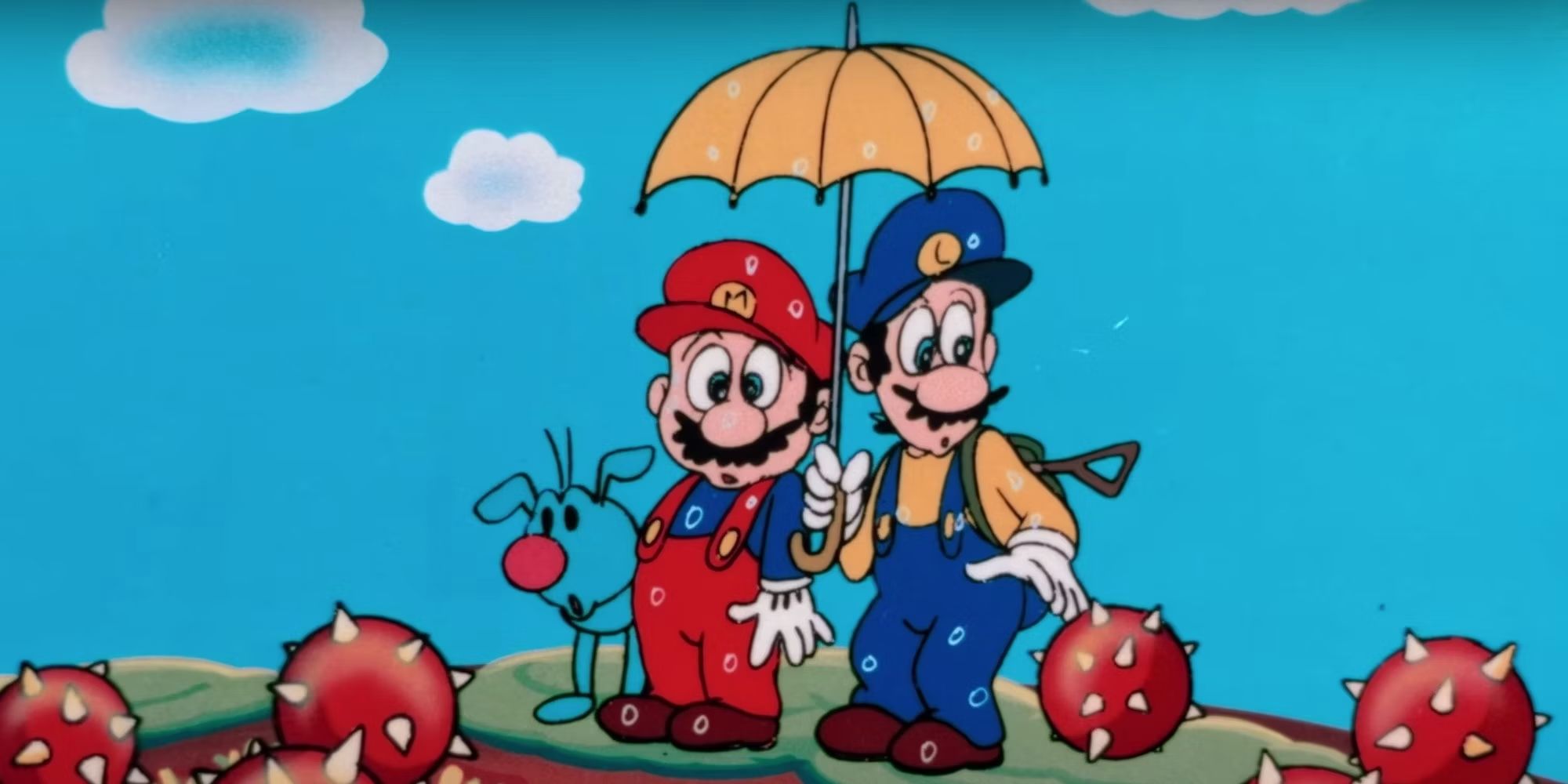 Screen shot Mario, Luigi, and a red-nosed dog from the 1986 Mario anime movie.