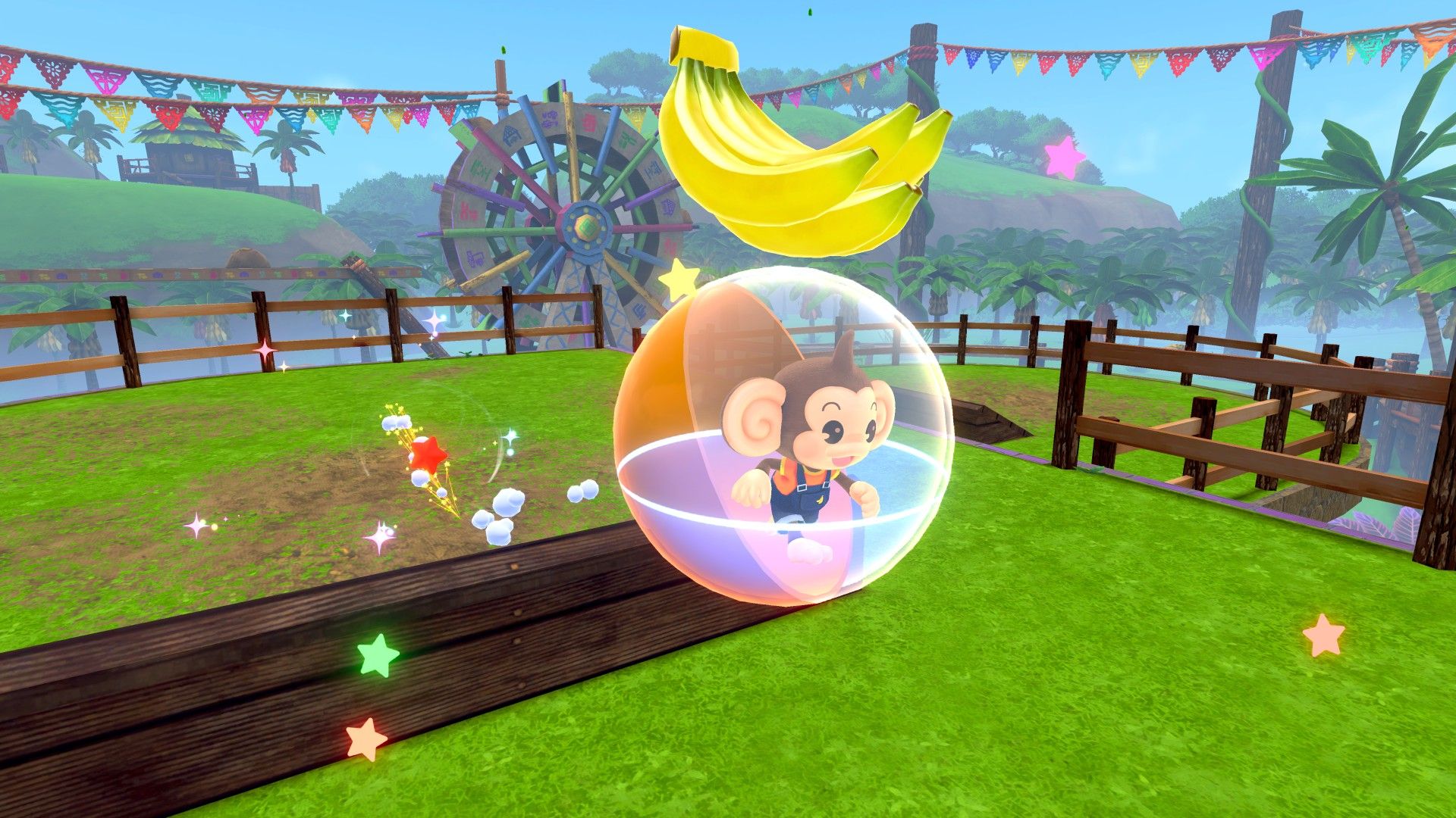 Super Monkey Ball Banana Rumble Aiai em uma bola rolando em um nível gramado com uma roda d'água ao fundo e uma banana sobre sua bola.