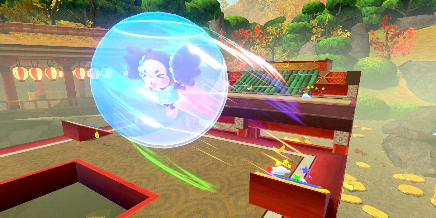 Super Monkey Ball Banana Rumble YanYan in a ball flying off a ramp in a temple level using the Spin Dash move.