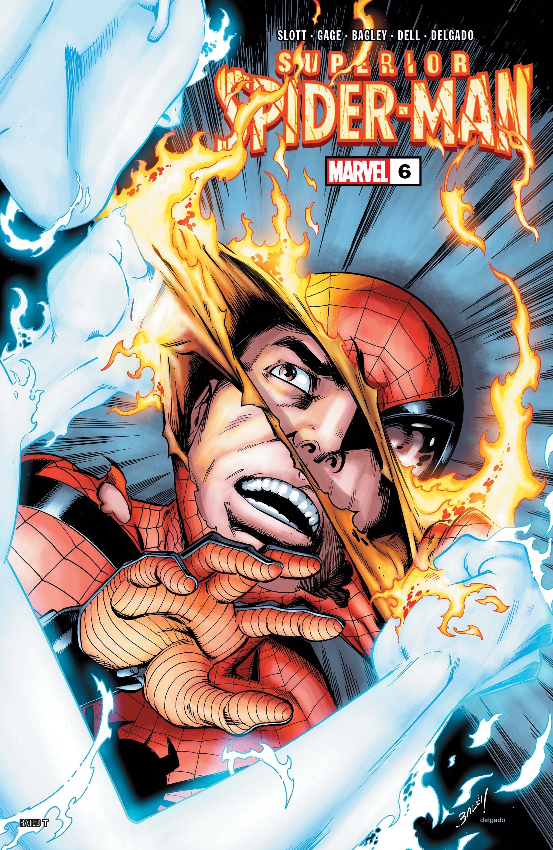 Capa superior do Homem-Aranha #6, Supernova arranca a máscara do rosto do Homem-Aranha com suas mãos em chamas.