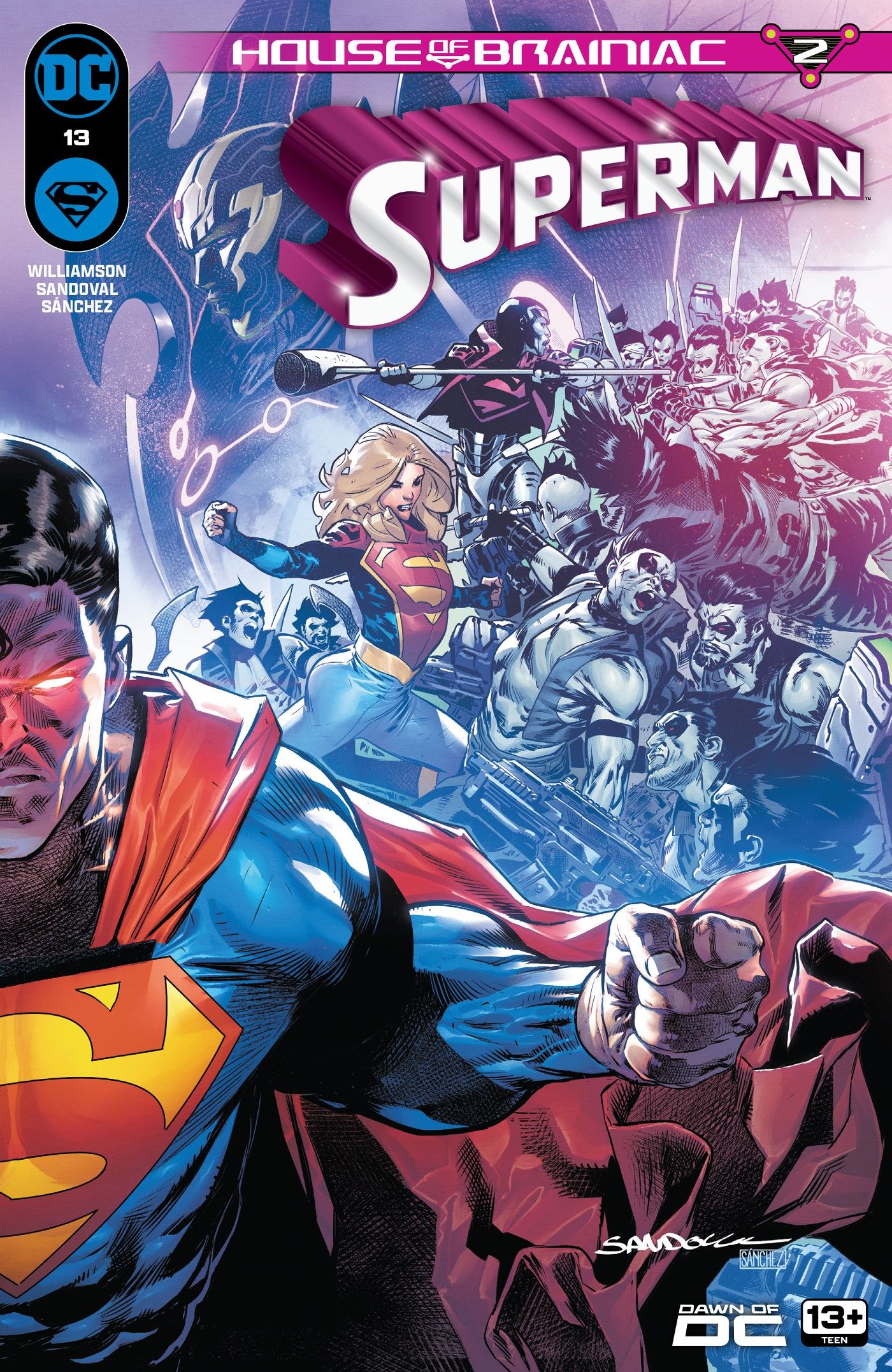 Superman 13 Main Cover: Superman glaring with glowing red eyes. Behind him, Supergirl and Steel fight Czarnians.