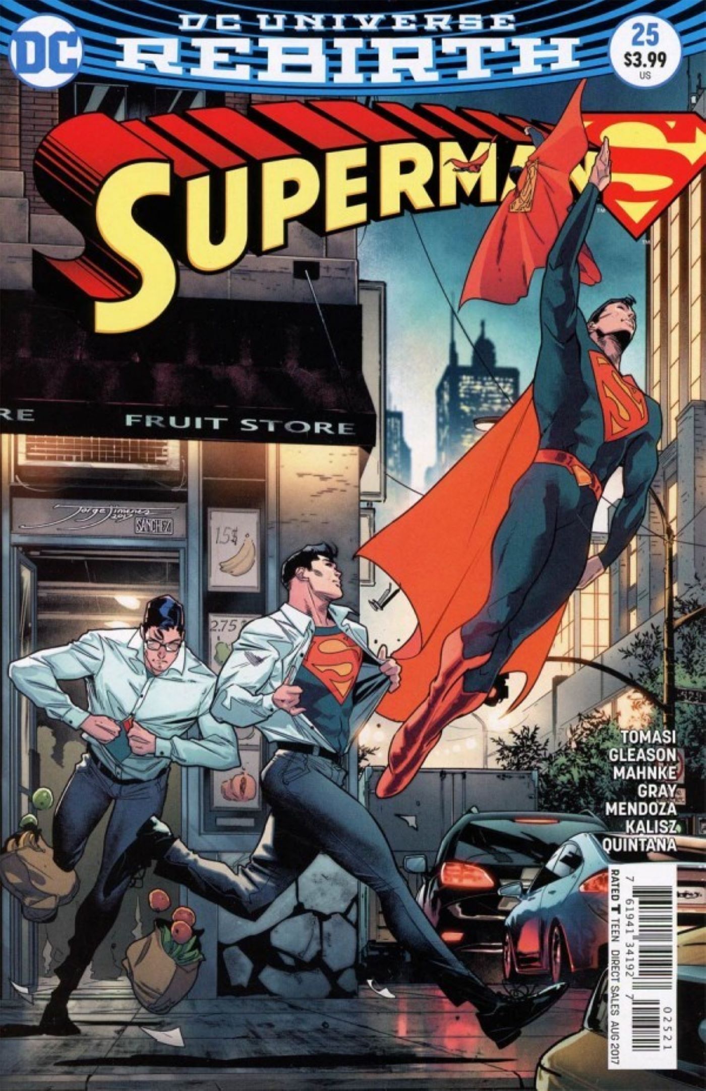 Capa variante do renascimento do Superman # 25 com mudança rápida do Superman
