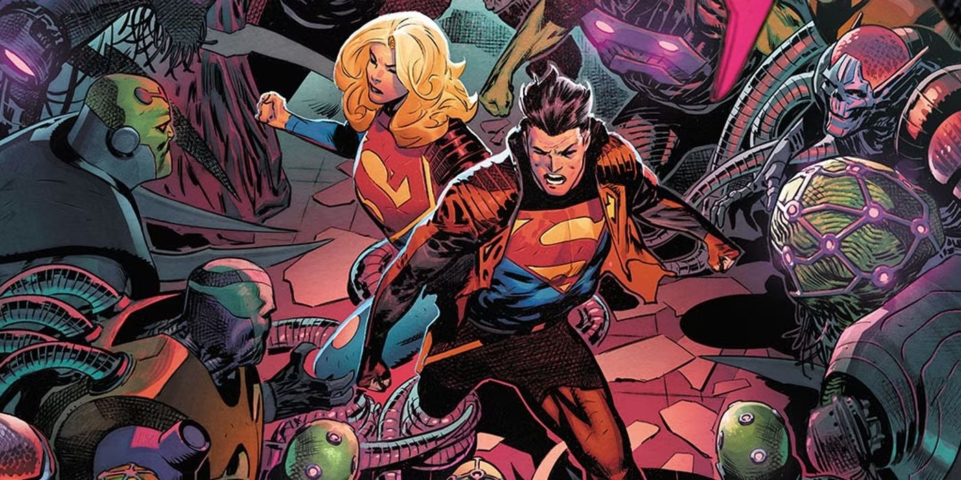 Supergirl and Superboy fighting Brainiac's army, close up of the cover of Action Comics #1056