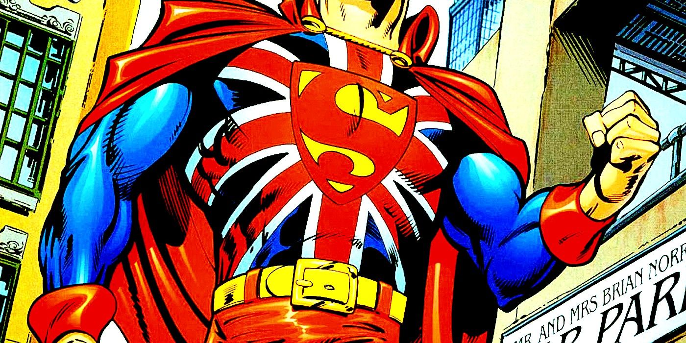 Comic book art: the Superman costume with a British flag motif.