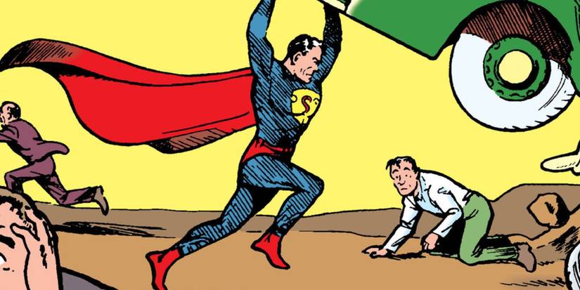 Superman catches a crashing car on the cover of Action Comics 1 
