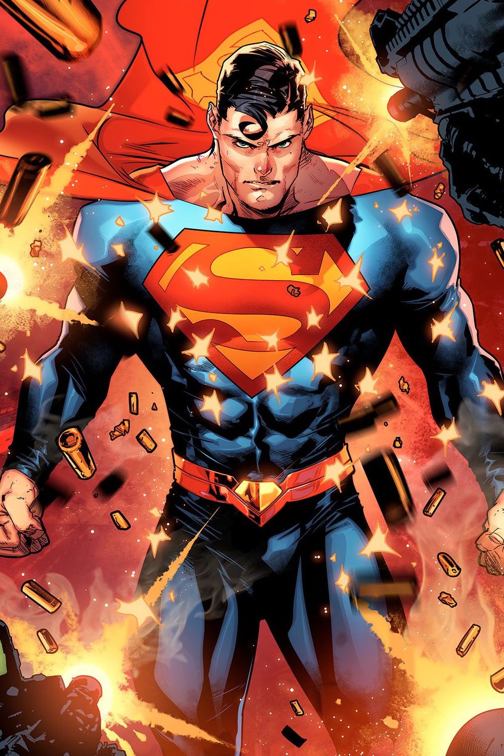 Superman fends off bullets in comic art by Jorge Jimenez