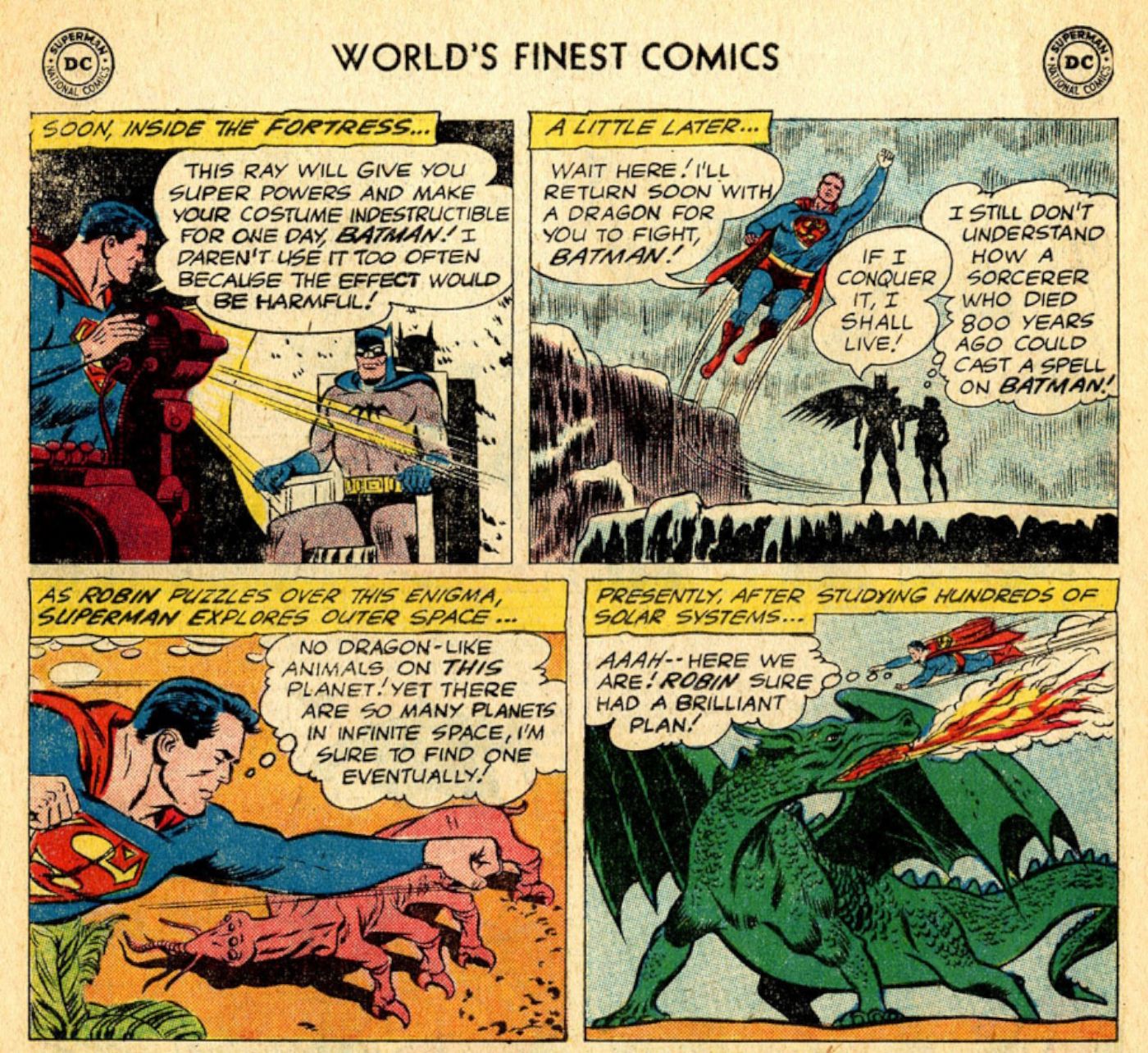 Comic book panels: Superman Gives Batman Super Powers To Fight A Dragon With