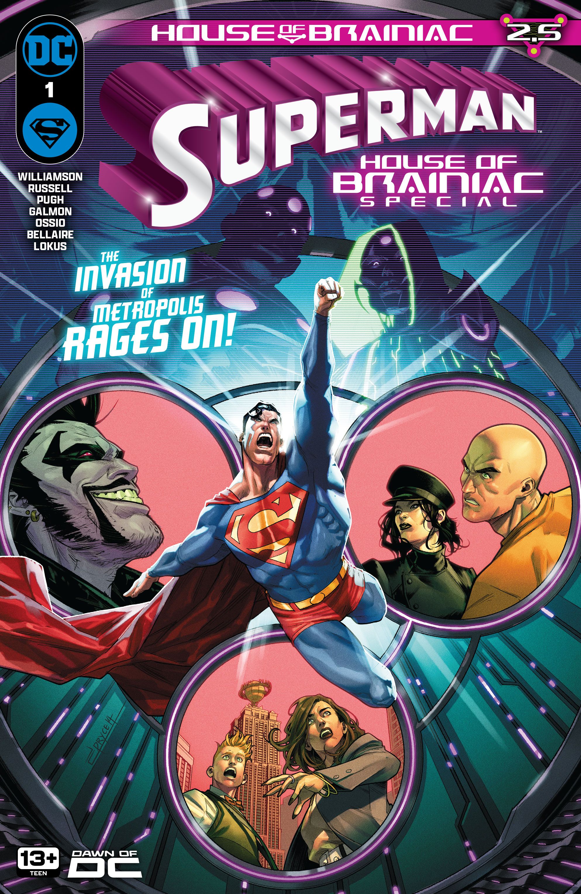 Superman House of Brainiac Special 1 Capa principal: Superman, Lobo, Lex Luthor e Lois Lane aparecem em bolhas na frente das variantes de Brainiac.