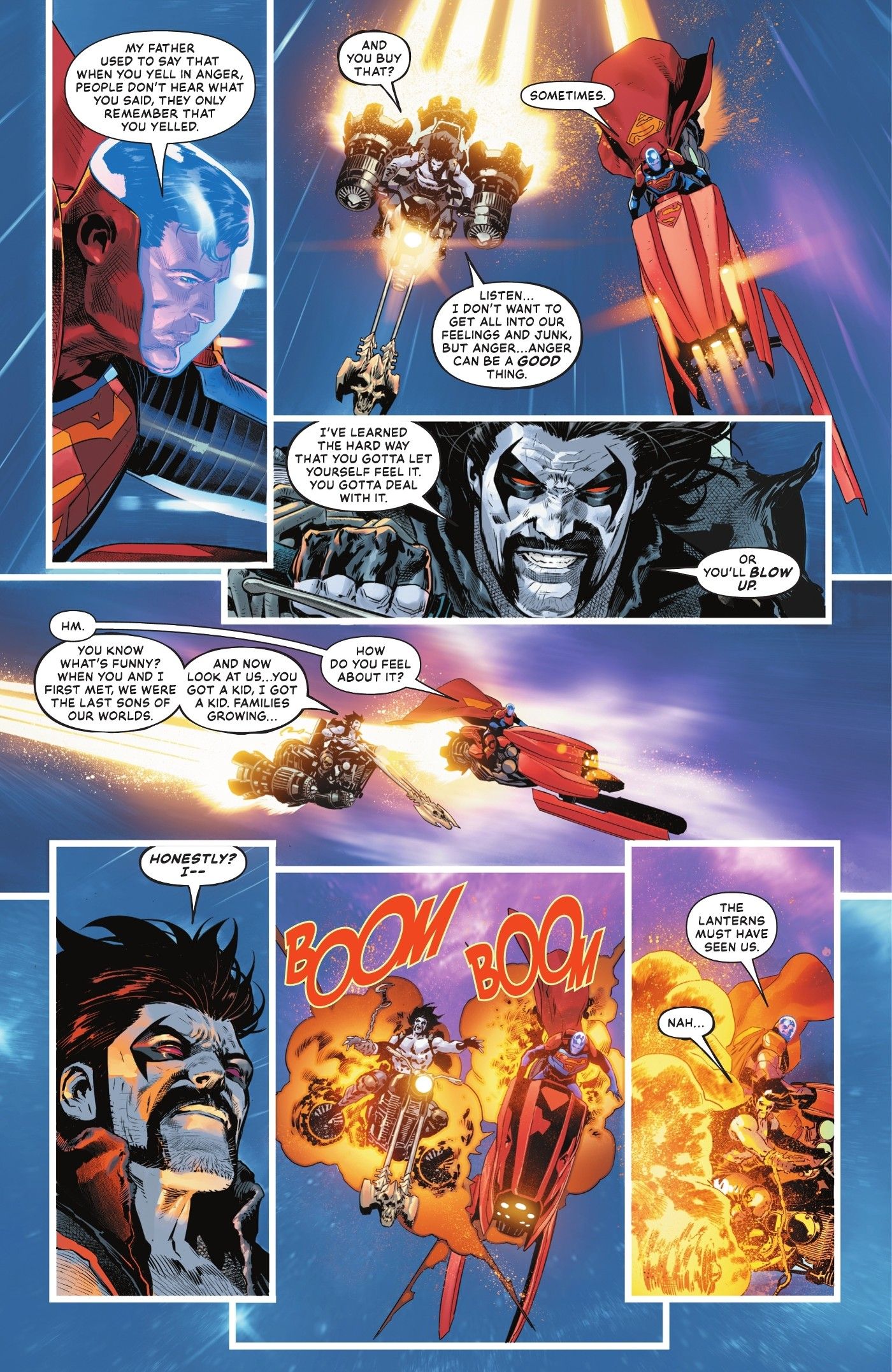 Sete painéis de Superman e Lobo conversando