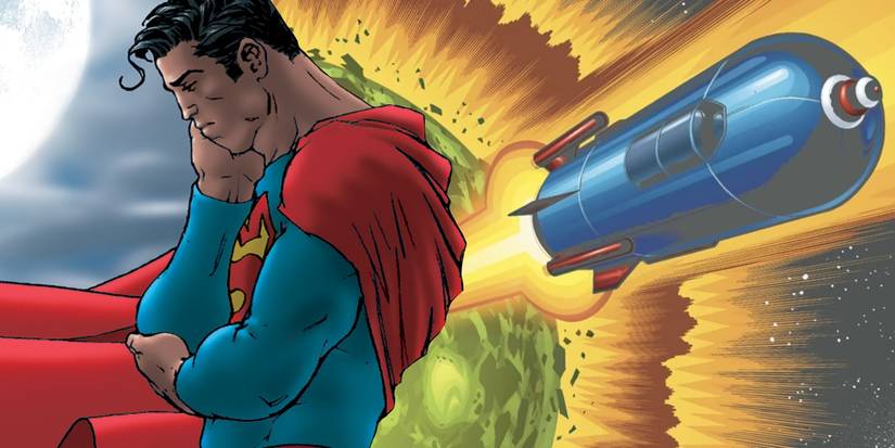 Comic book art: Superman Looks Sad in front of an Exploding Krypton with his rocket flying away.