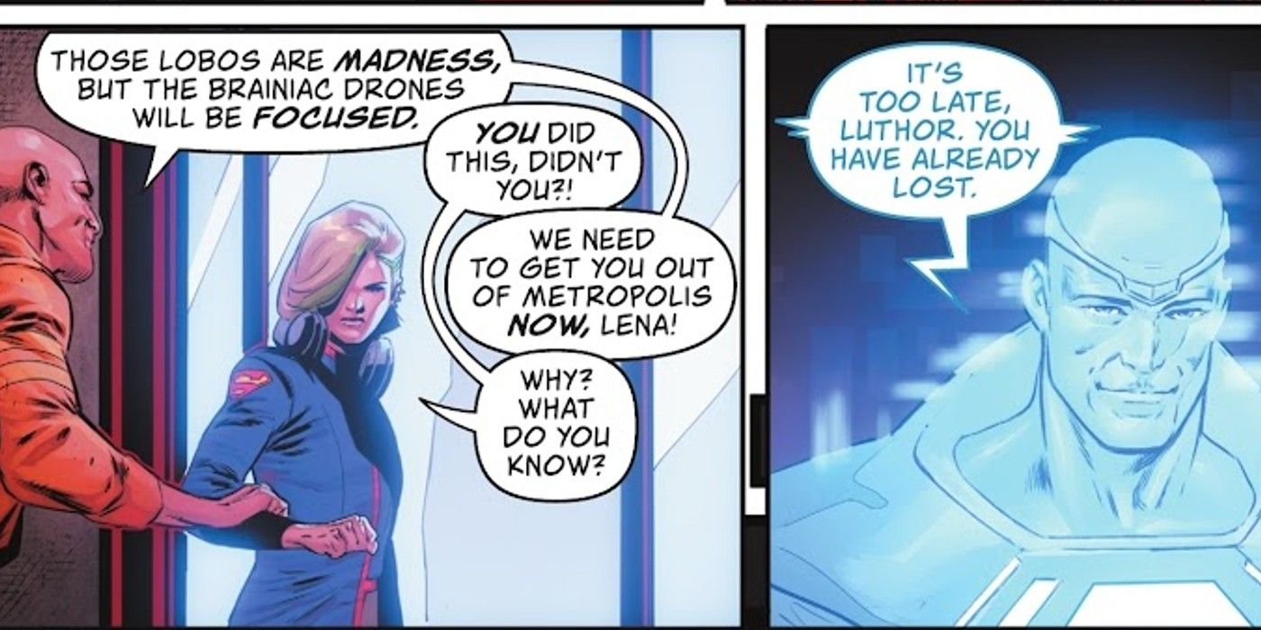 Superman villain Lex Luthor argues with Lena and Brainiac