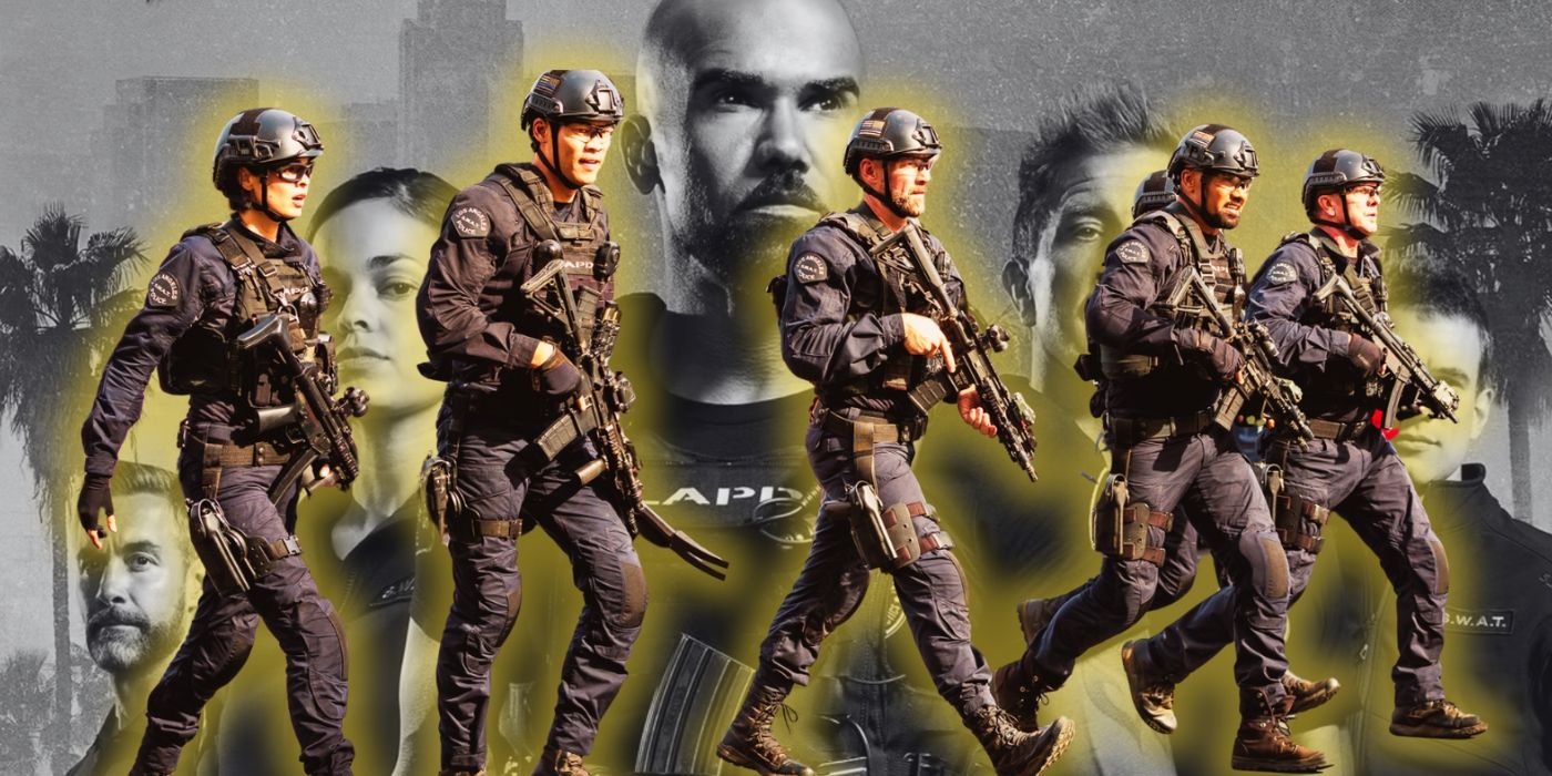 A composite image features the cast of SWAT in a cropped promotional poster in the background with the SWAT team in uniform and armed in the foreground