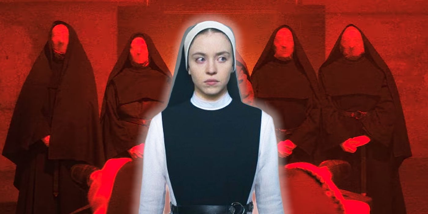 Sydney Sweeney as Cecilia with faceless pastors behind her in Immaculate