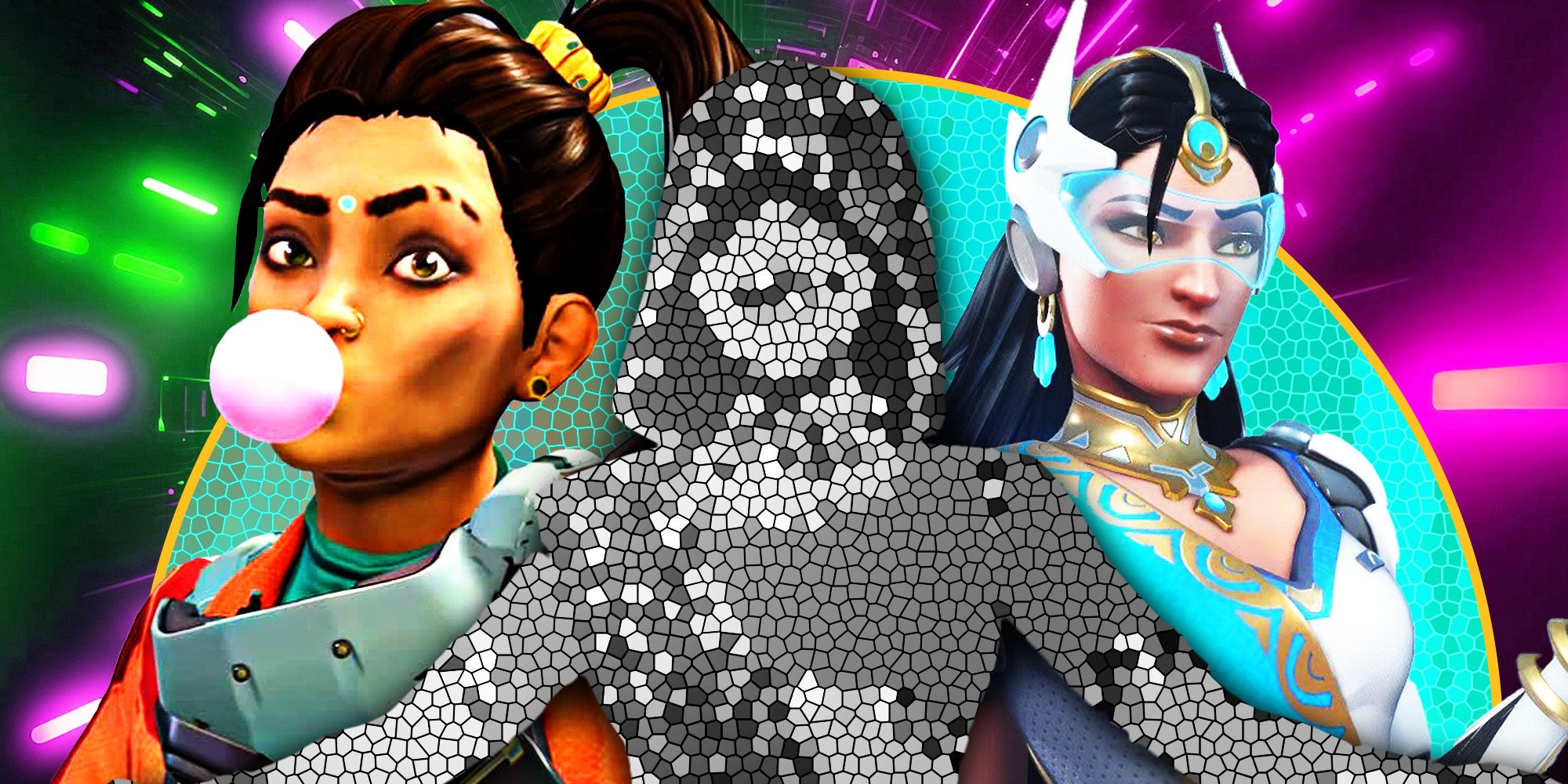 Symmetra and Rampart on opposite sides of a gray figure with a hood that's been pixelated out.