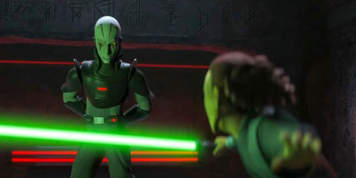 Barriss Offee empunhando um sabre de luz verde na frente do Grande Inquisidor em Tales of the Empire (STAR ​​WARS)