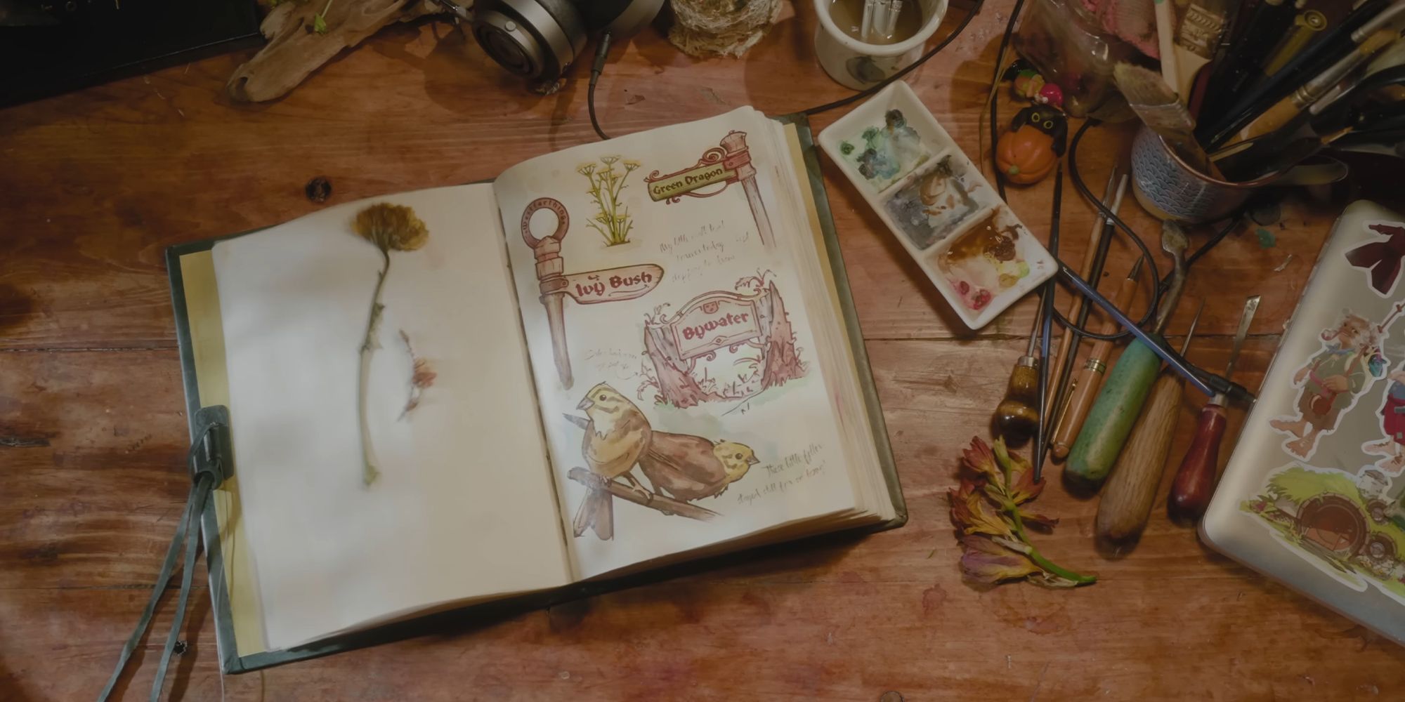 Um livro aberto do teaser de Tales of the Shire mostrando placas do Green Dragon Inn, Ivy Bush e da vila de Bywater.