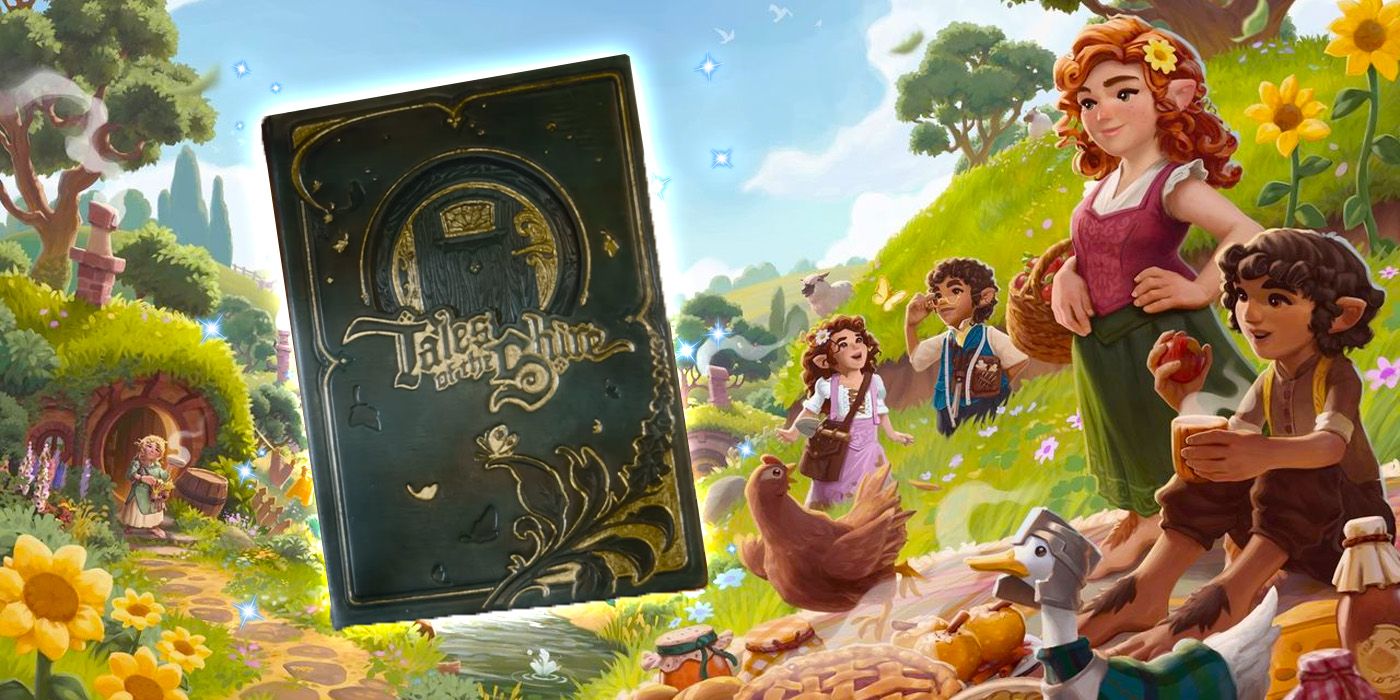 Tales Of The Shire keyart with the book centered and hobbits on the right.