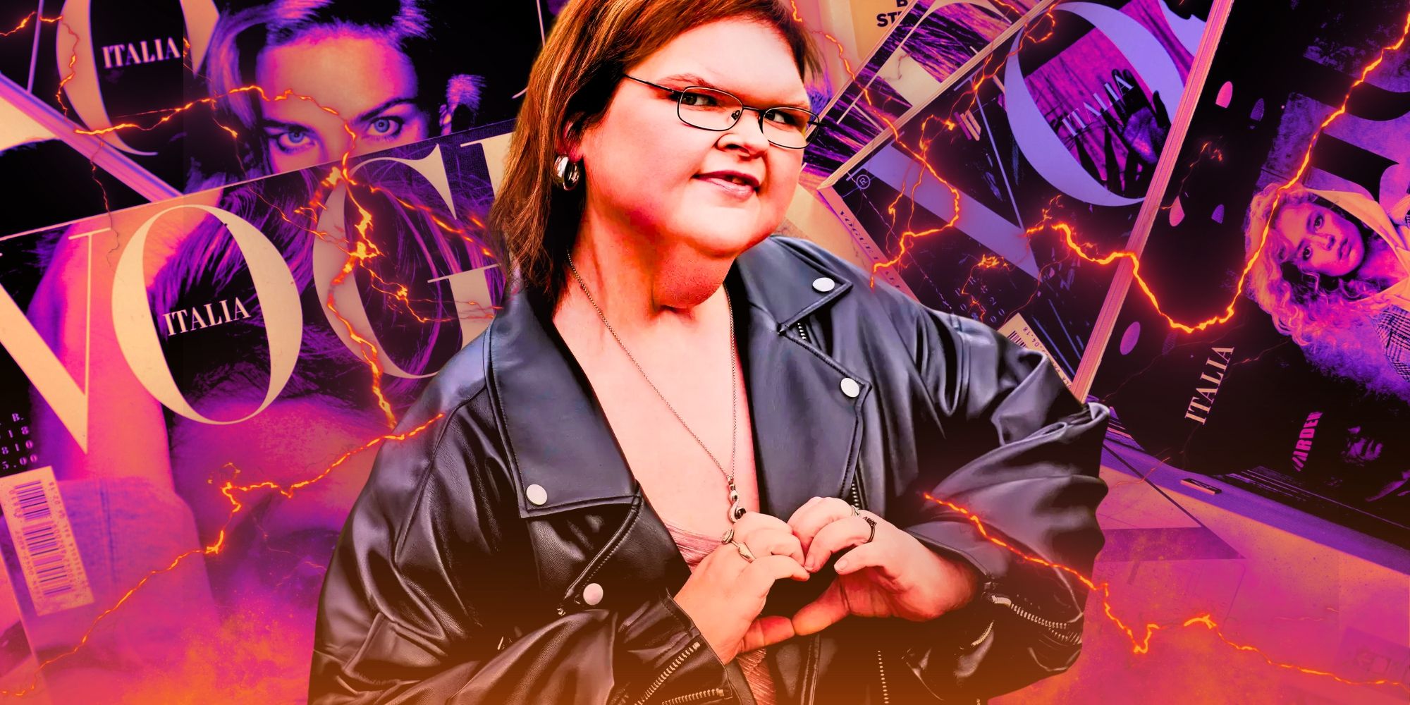 tammy slaton vogue montage tammy in black leather with pink and purple background vogue logos