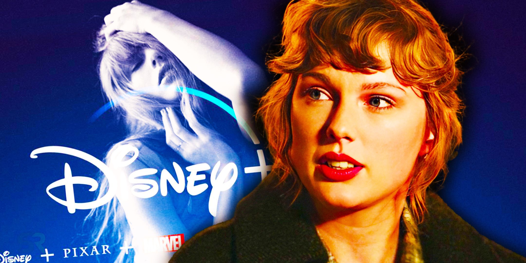 Taylor Swift in Folklore: The Long Pond Studio Sessions and the cover of The Anthology version of The Tortured Poets Department behind a Disney+ logo.