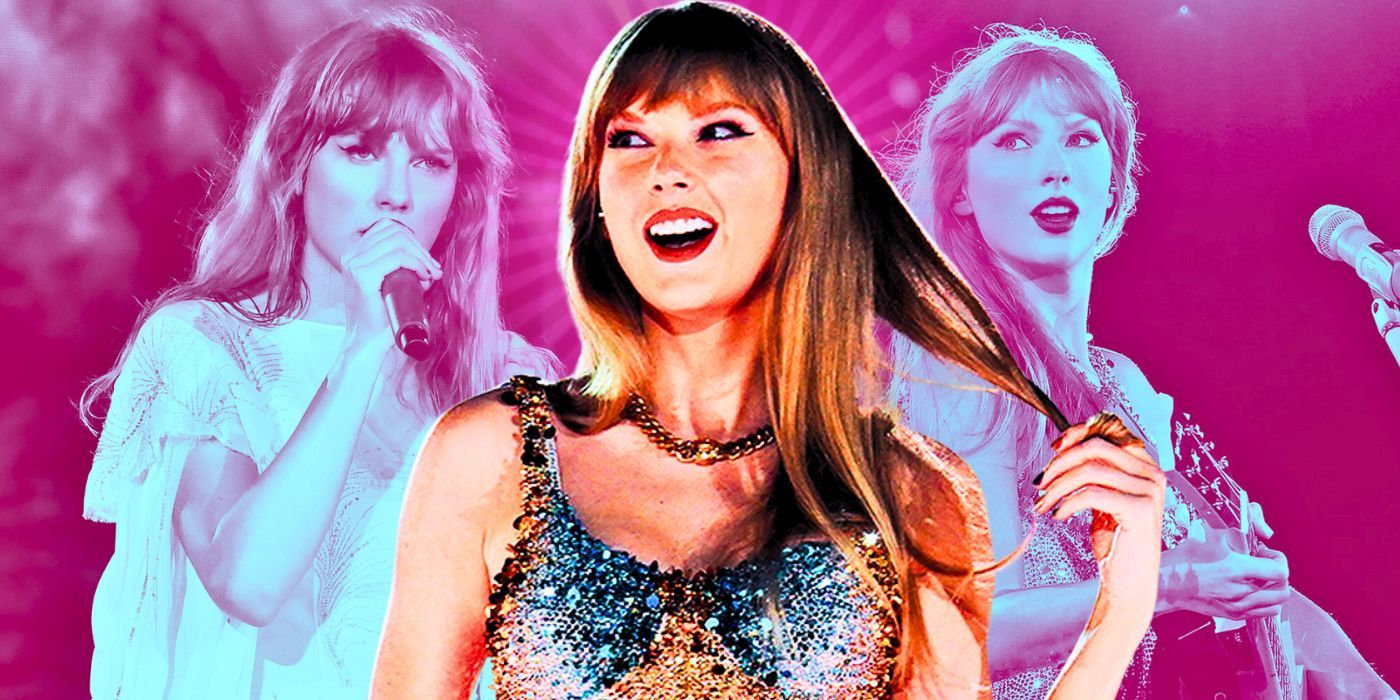 Layered images of Taylor Swift performing in The Eras Tour movie